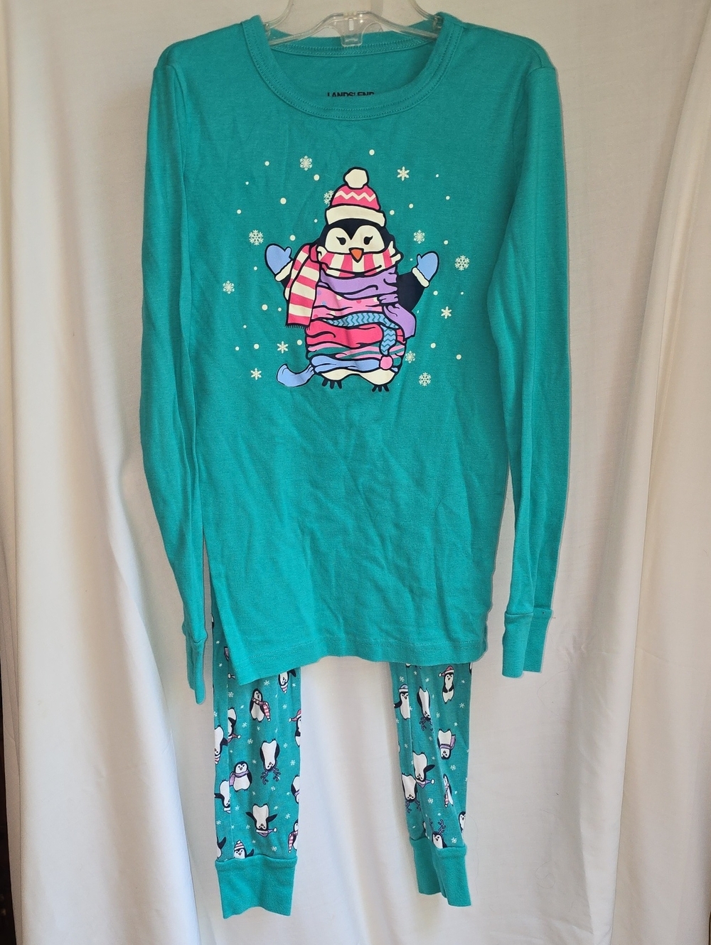 Lands' End Teal Penguin Pajama Set with Pink & Purple Accents